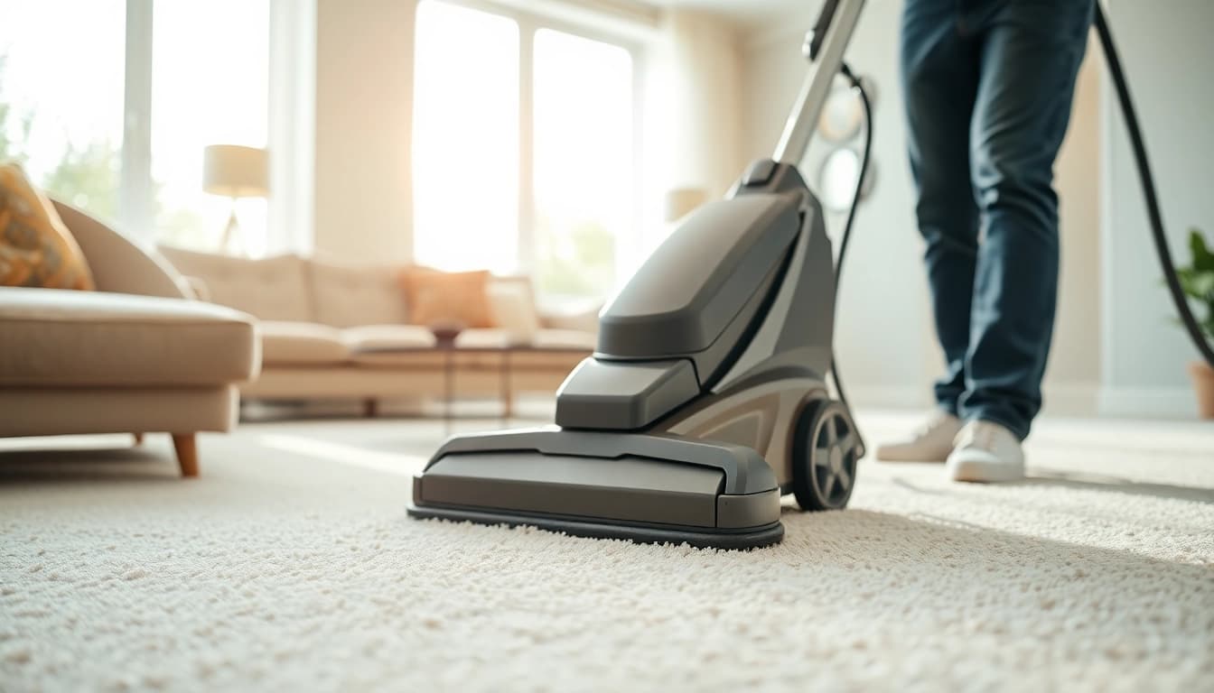 Expert carpet cleaners in Glasgow professionally cleaning a living room carpet.