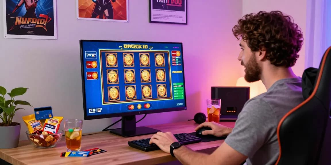 Exciting gameplay at online casinos that accept credit cards featuring colorful credit cards and a cozy home office setting.