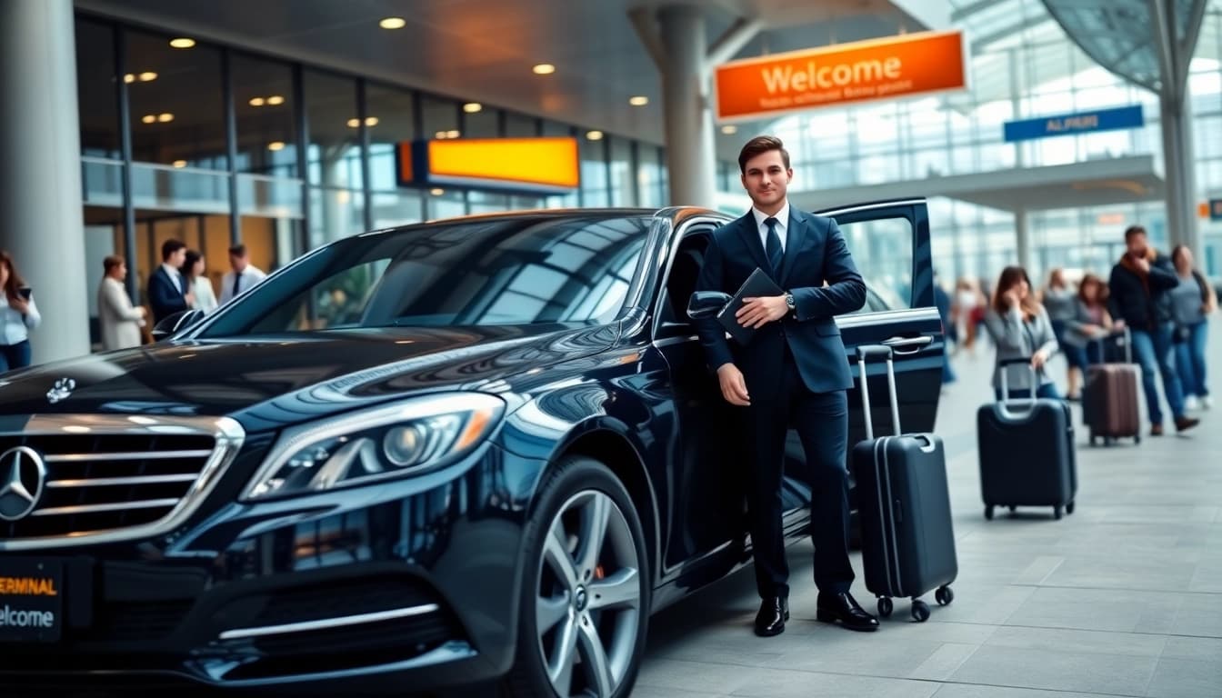 Experience seamless airport transfers with professional drivers and premium vehicles outside a busy terminal.