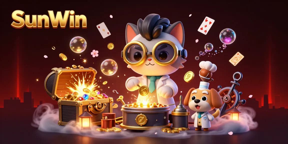 Watch SunWin's dynamic games come alive as the mad scientist cat creates gold coins amidst vibrant casino elements.