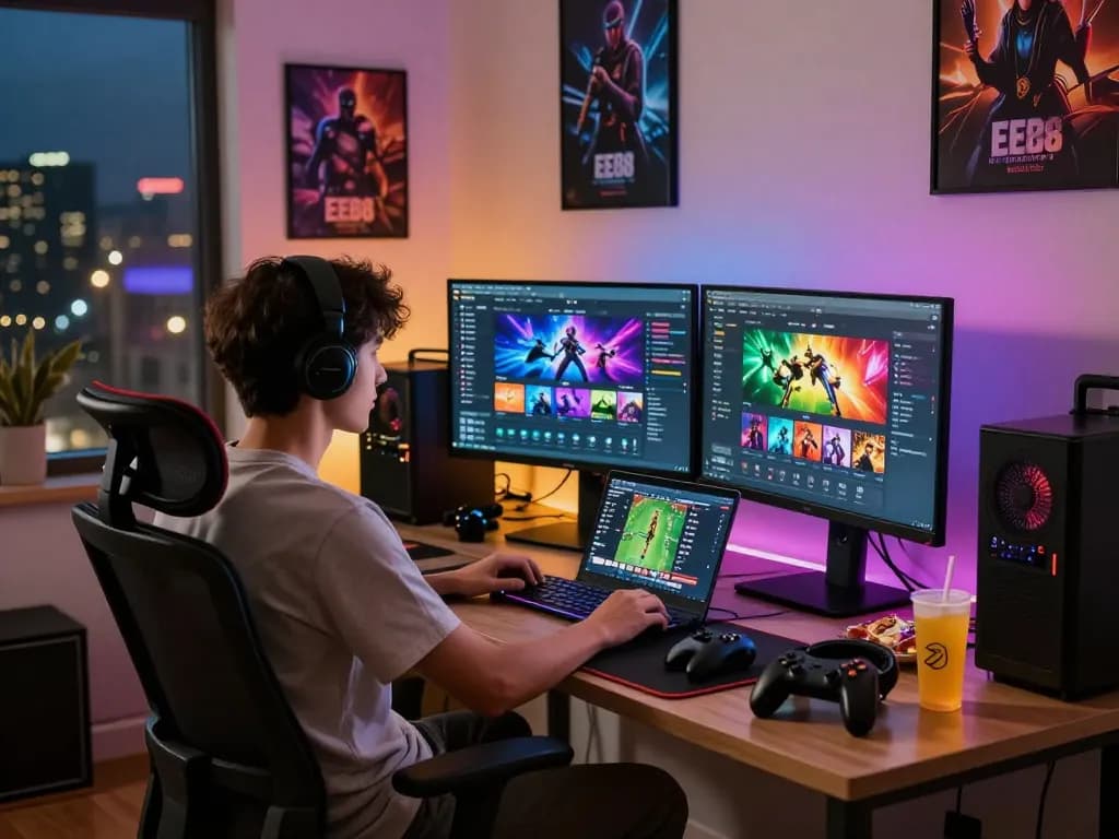 Engaging atmosphere in a modern gaming setup, featuring EE88 platform, showcasing vibrant game interface and a stylish environment.