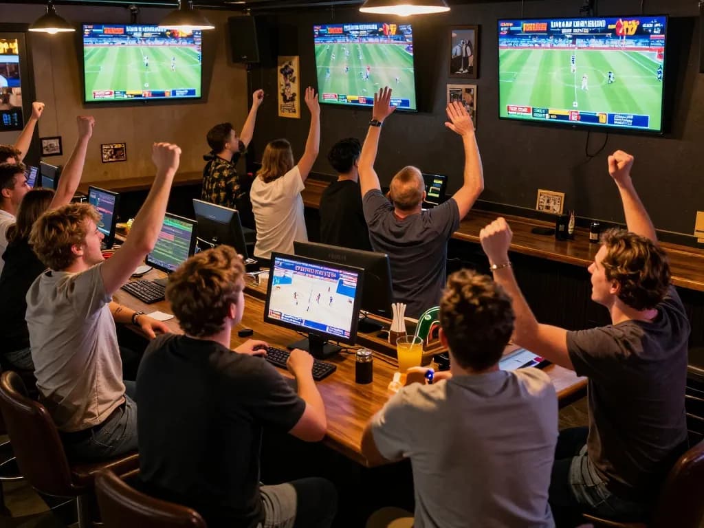 A group of friends celebrating their winning bets while watching live sports via 77bet app in a lively bar atmosphere.