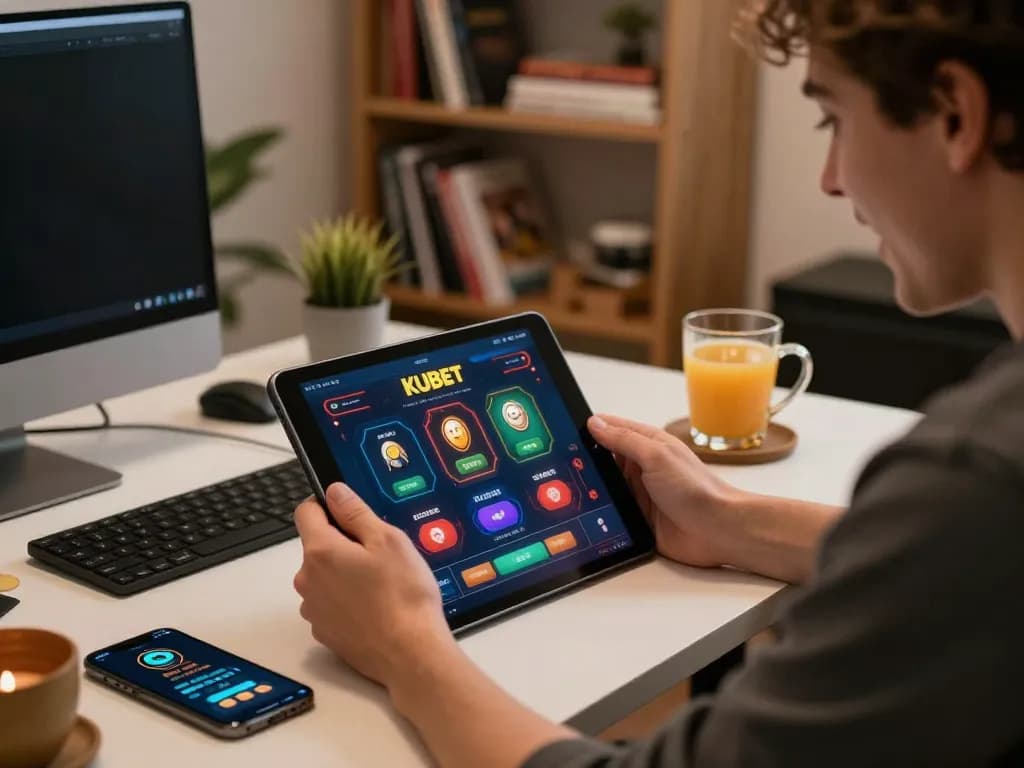 Kubet casino player engaging with online gaming app on tablet during a strategic session