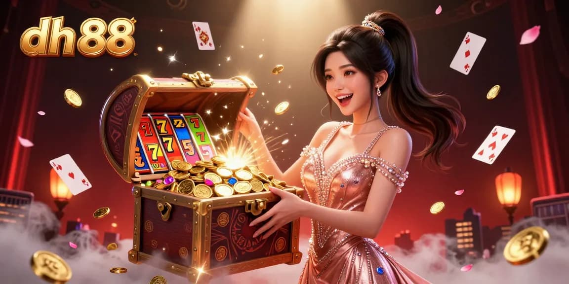 Engage with thrilling dh 88 casino excitement as a beautiful woman reveals treasure amidst vibrant gaming elements.