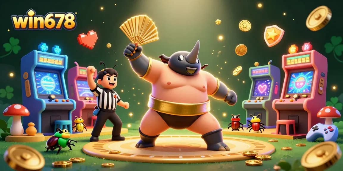 Experience the thrill of winning at win678 with a vibrant casino-themed 3D illustration showcasing games and excitement.