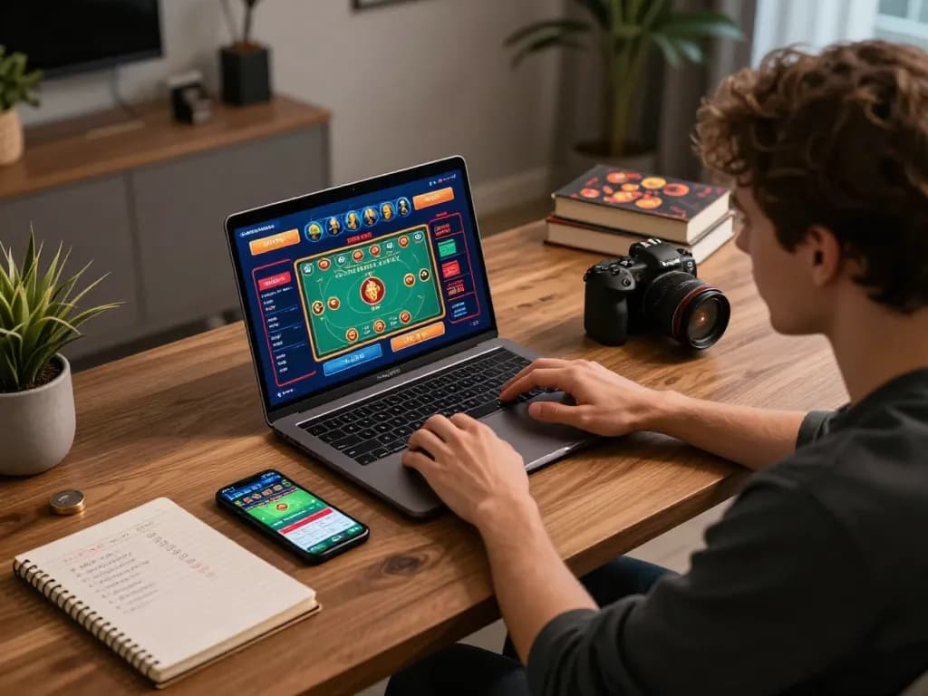 Engaging in online casino gaming at home with ev999 on display showcasing betting strategies.