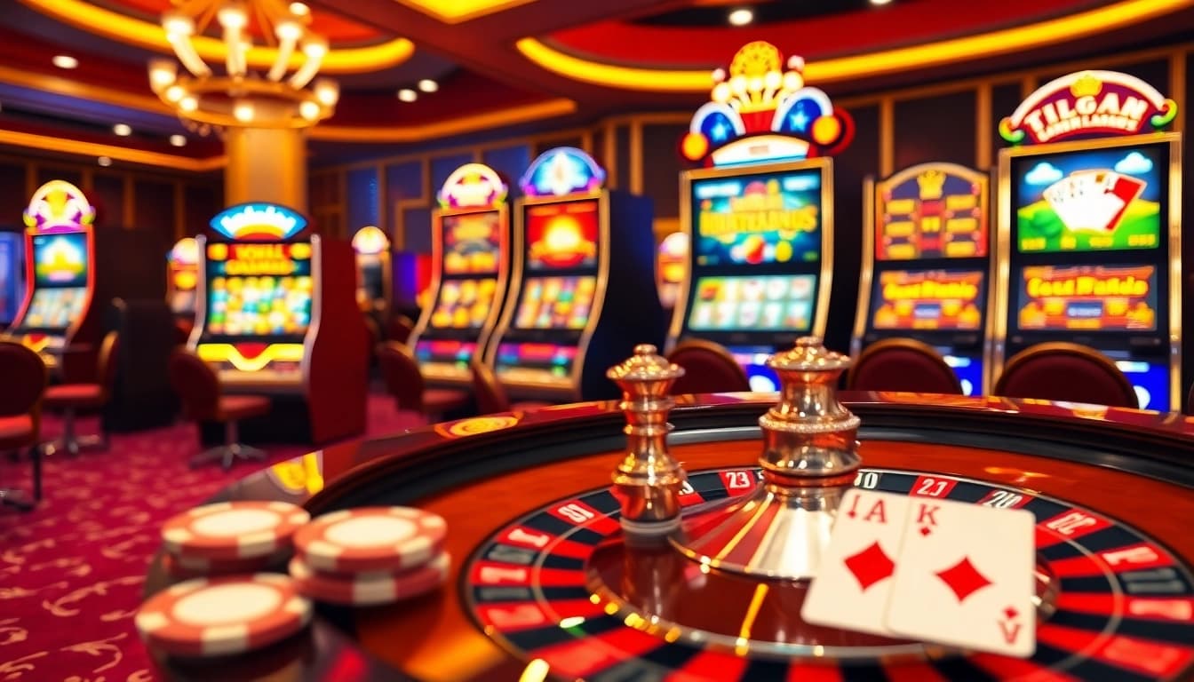 Experience the exhilarating action at TG88 .COM with a vibrant online casino setup featuring roulette, poker chips, and slot machines.