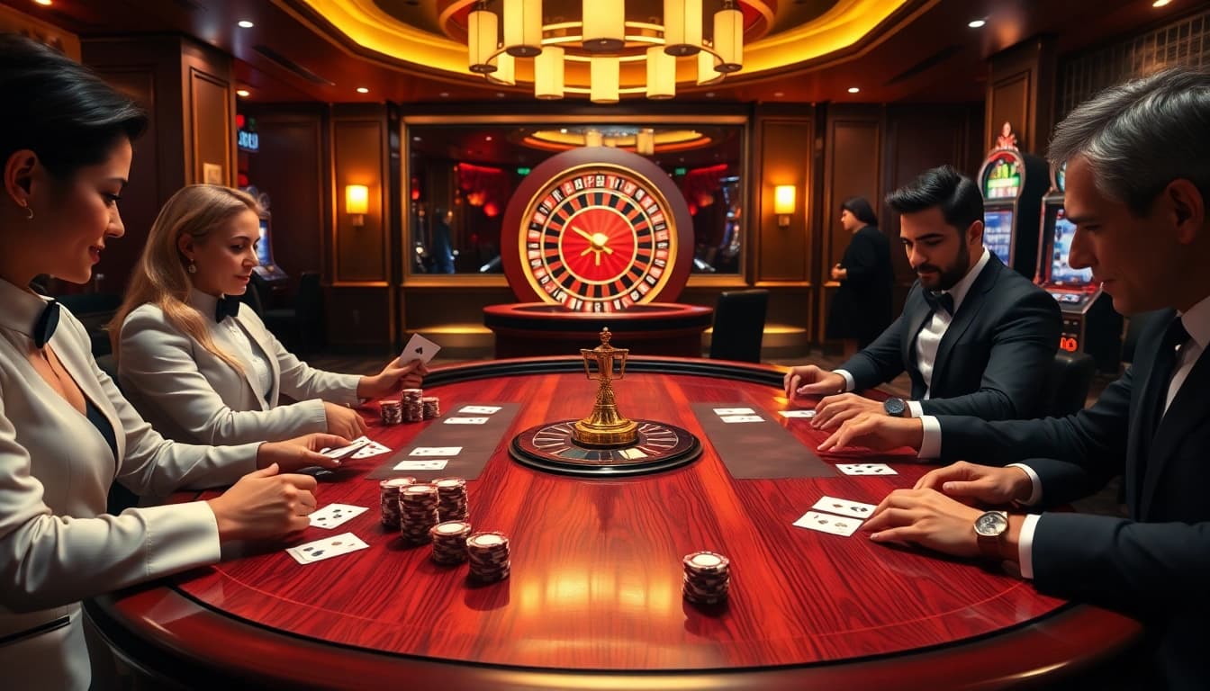 Gamble at the luxurious GG88 vip casino, featuring poker tables and vibrant roulette wheels.