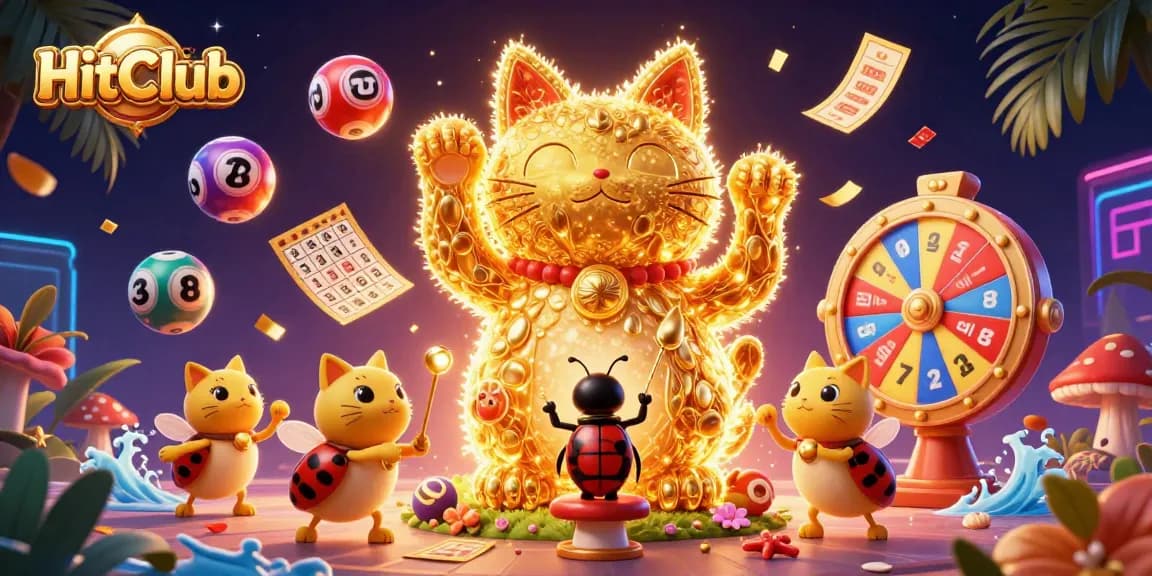 Experience the excitement of HitClub with a vibrant scene showcasing casino symbols, colorful lottery balls, and a waving lucky cat.