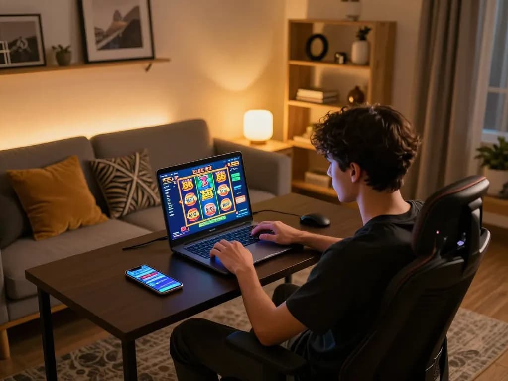 Engaged player enjoying the Lucky 88 slot game on a laptop at home, showcasing a cozy gaming setup.
