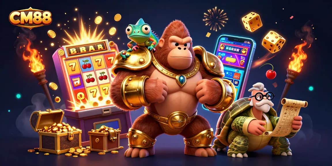 Experience thrill at CM88 with a vibrant 3D casino scene featuring a powerful gorilla king and gaming elements.