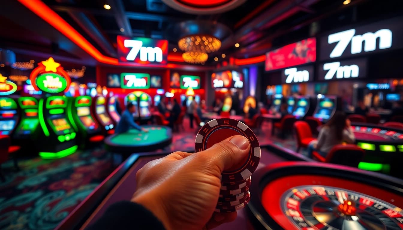 Engage in thrilling poker action at a casino featuring 7m in vibrant colorful atmosphere.