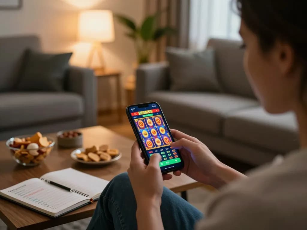 Player using the kim66 app for online slots in a cozy living room setting