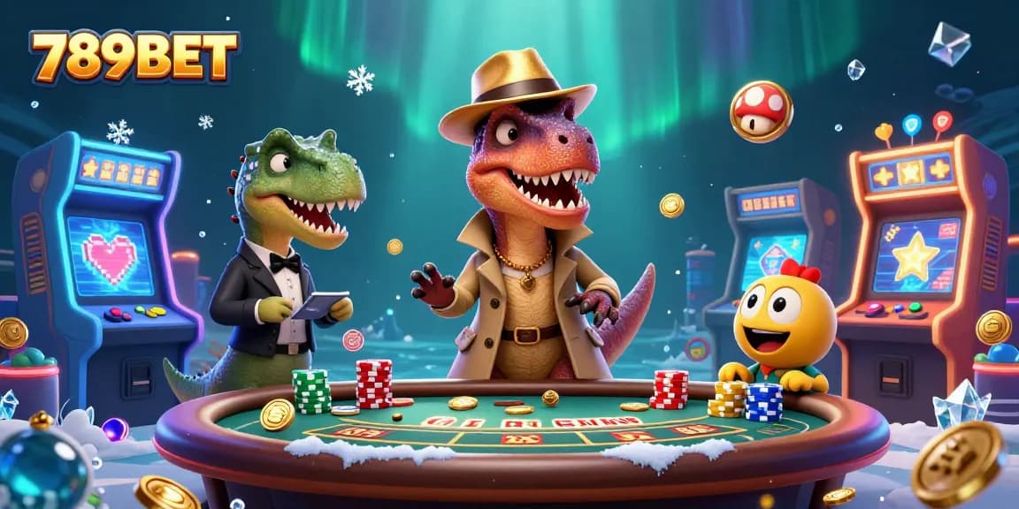 Engage with 789BET's thrilling gaming atmosphere featuring a dinosaur card counter at a blackjack table.