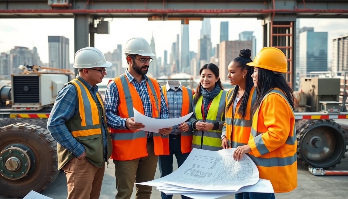 New York General Contractor leading a diverse construction team at an urban site.