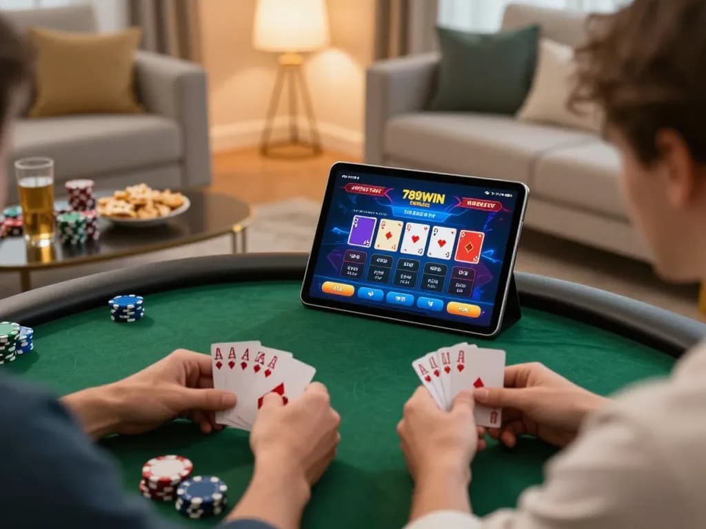 Engaging with 789WIN online poker from a cozy home setup while analyzing gameplay.