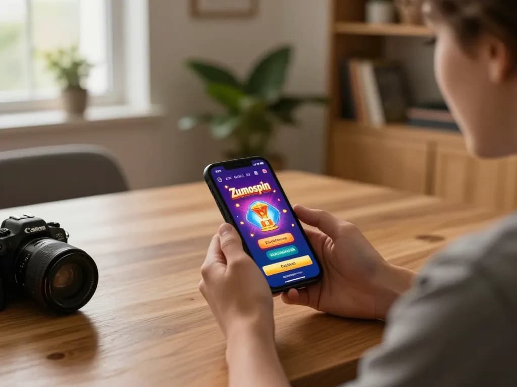 Player enjoying the Zumospin applicatie voor de mobiele telefoon while relaxing at home, smartphone displaying slots interface.