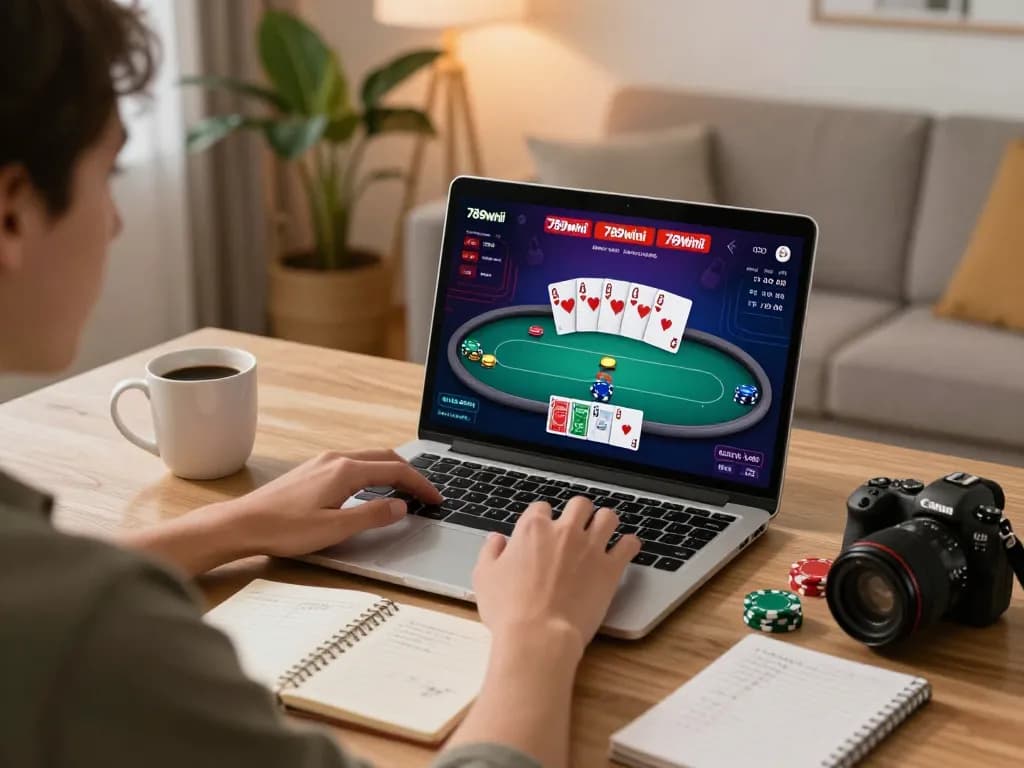 Engaging online poker gameplay on 789winii platform at home, showcasing strategic betting.