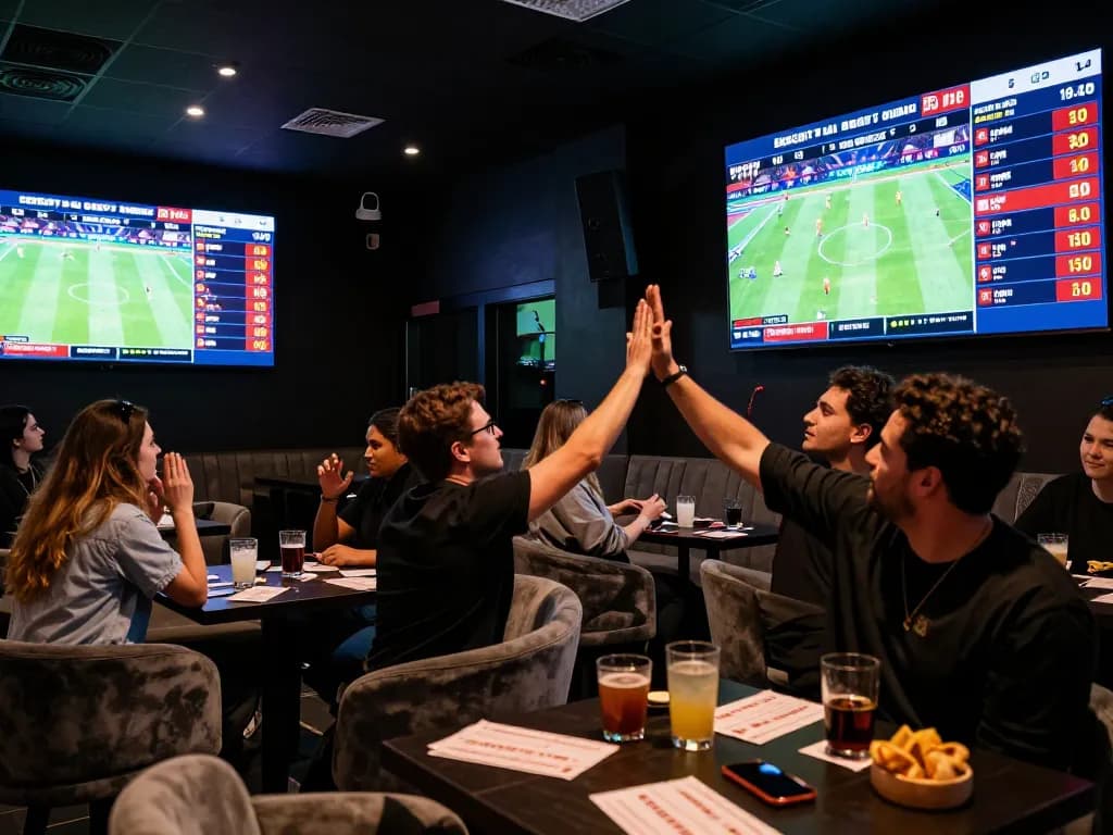Engaging atmosphere of sports betting with excited patrons analyzing keo nha cai and celebrating wins