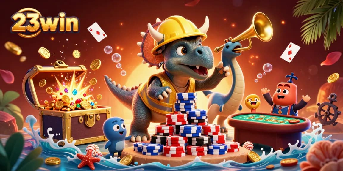 Play poker and win big with 23win in this dynamic 3D casino scene full of vibrant colors.