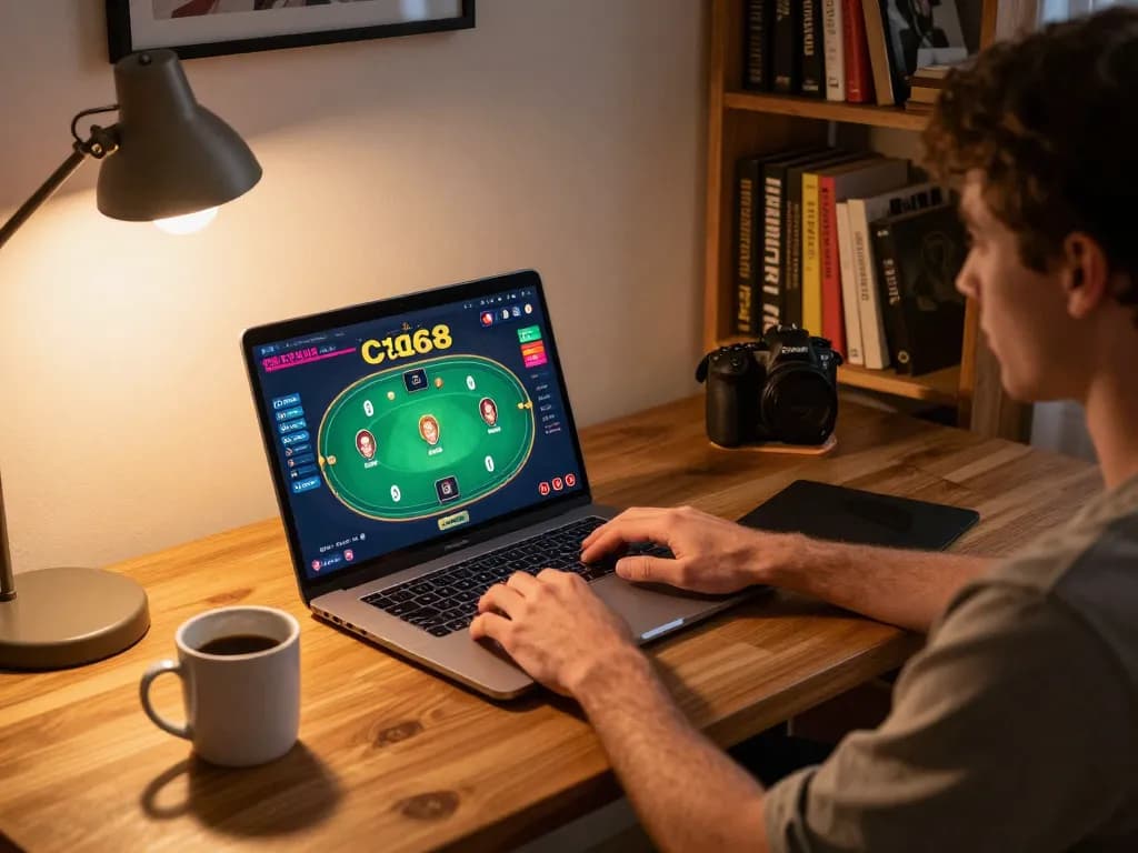 C168 player engaging in online poker on laptop with cozy home setup and ambient lighting
