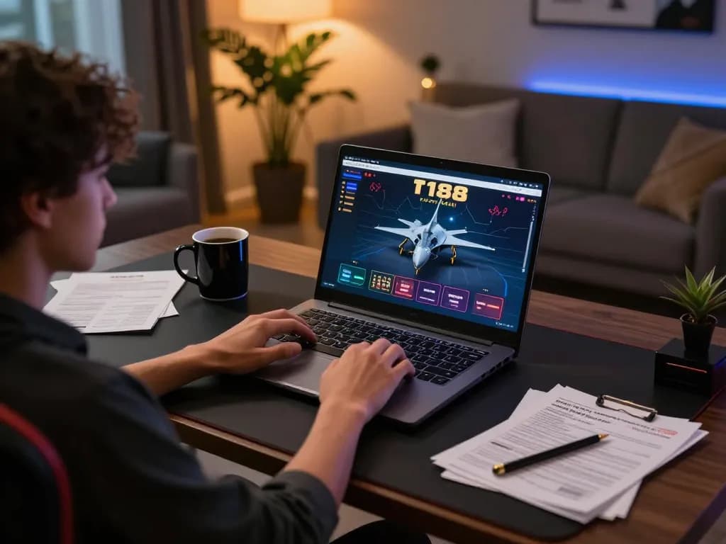 Player engaging with f168 online casino gaming on a sleek laptop in a stylish home office.