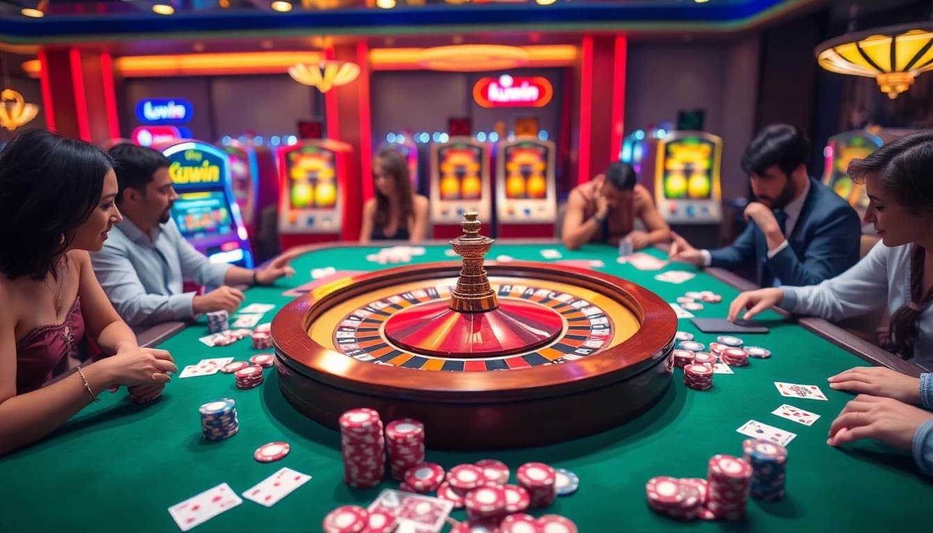 Kuwin casino experience showcasing roulette, poker chips, and engaged players in a vibrant atmosphere.
