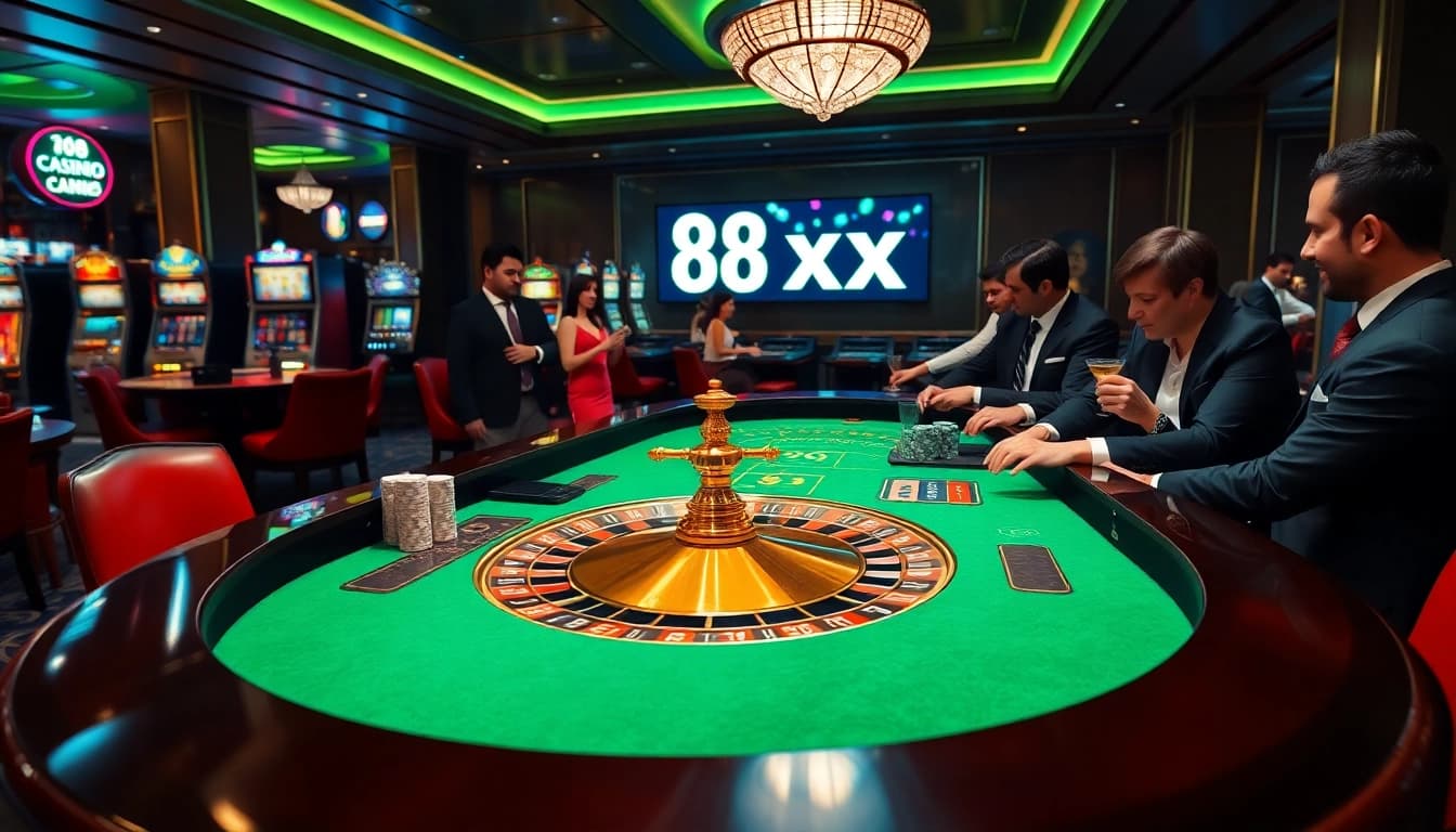 Engage with an exciting casino scene showcasing 88xx as players bet at a roulette table.