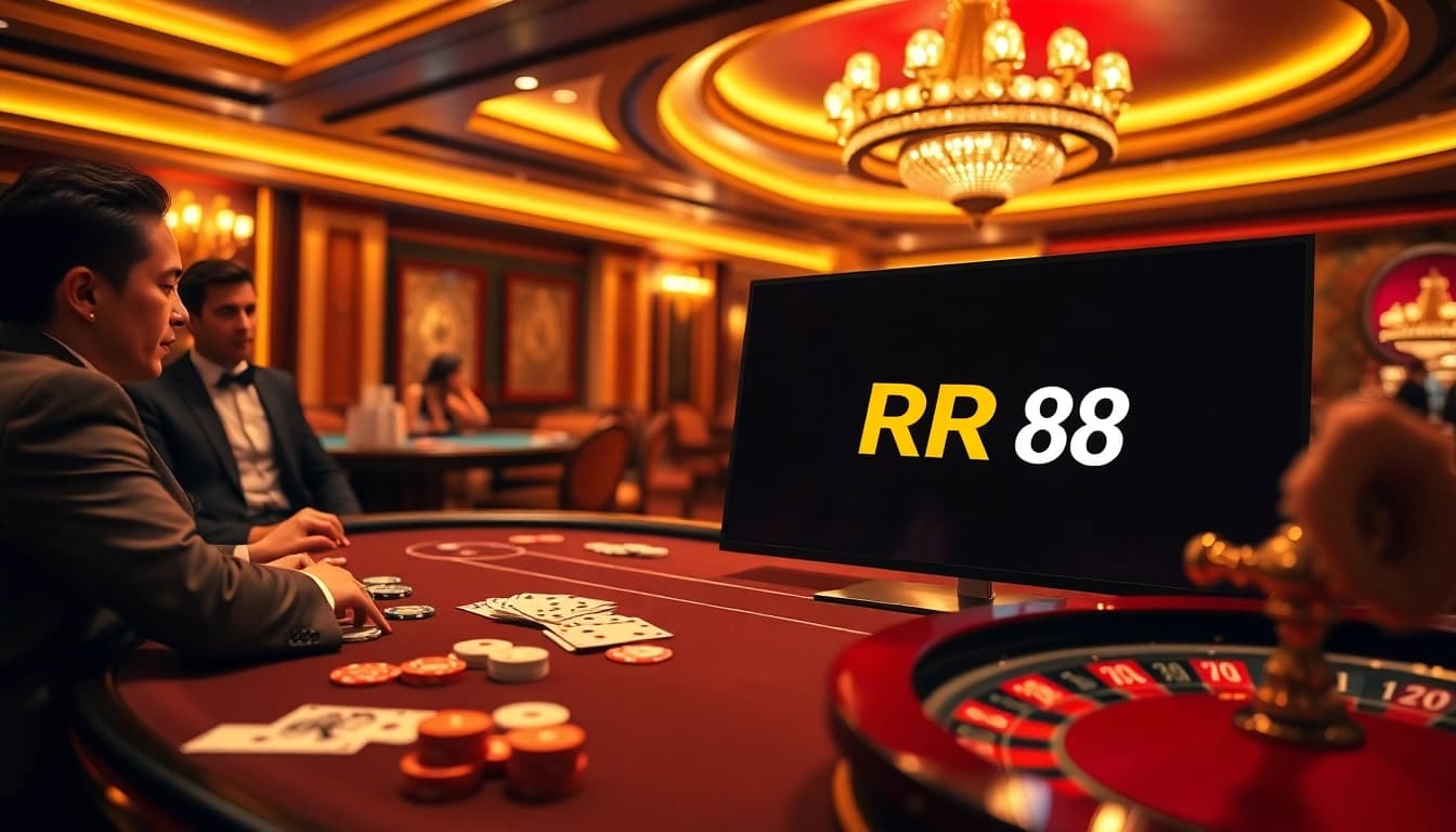 Experience the thrill of RR 88 with vibrant gaming visuals at a luxurious casino table.