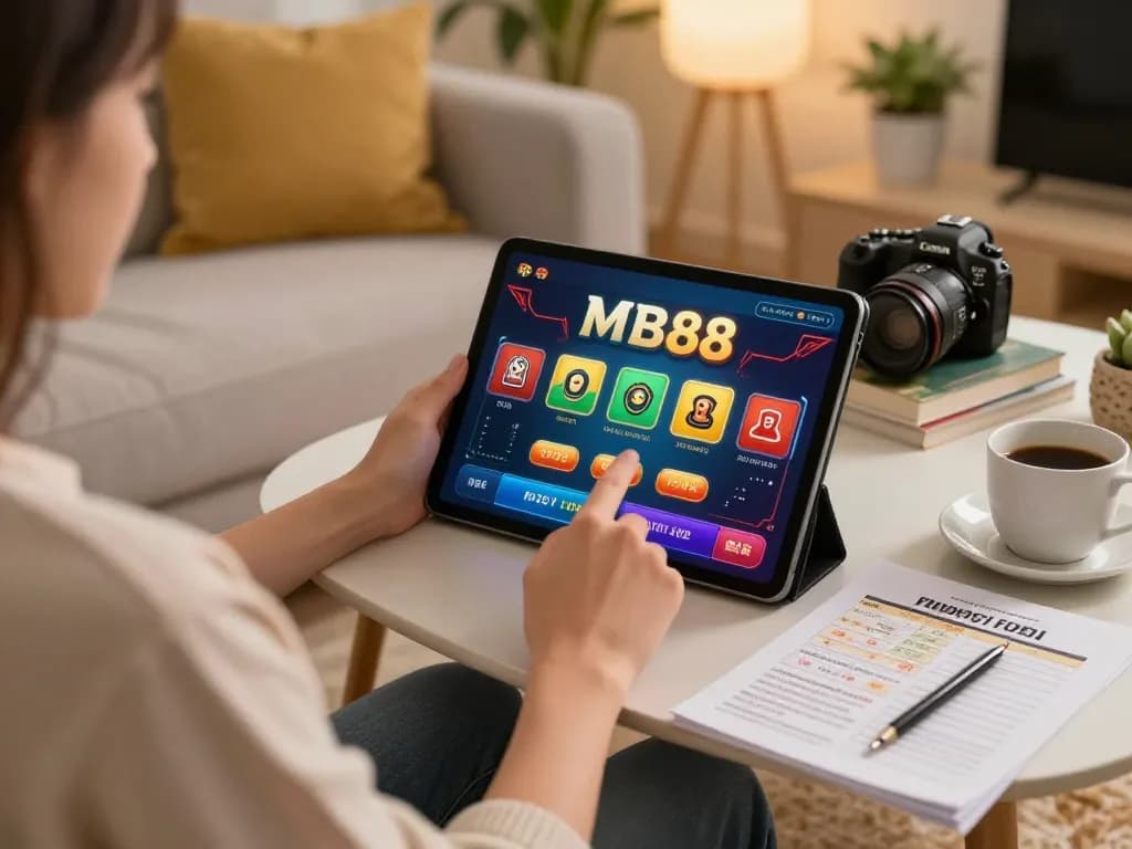 Player enjoying online casino games on MB88 using a tablet in a cozy living room setup.
