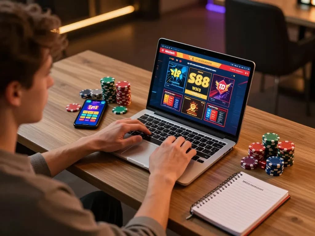Person engaging in online gaming with SC88, analyzing strategy and placing bets in a cozy environment.