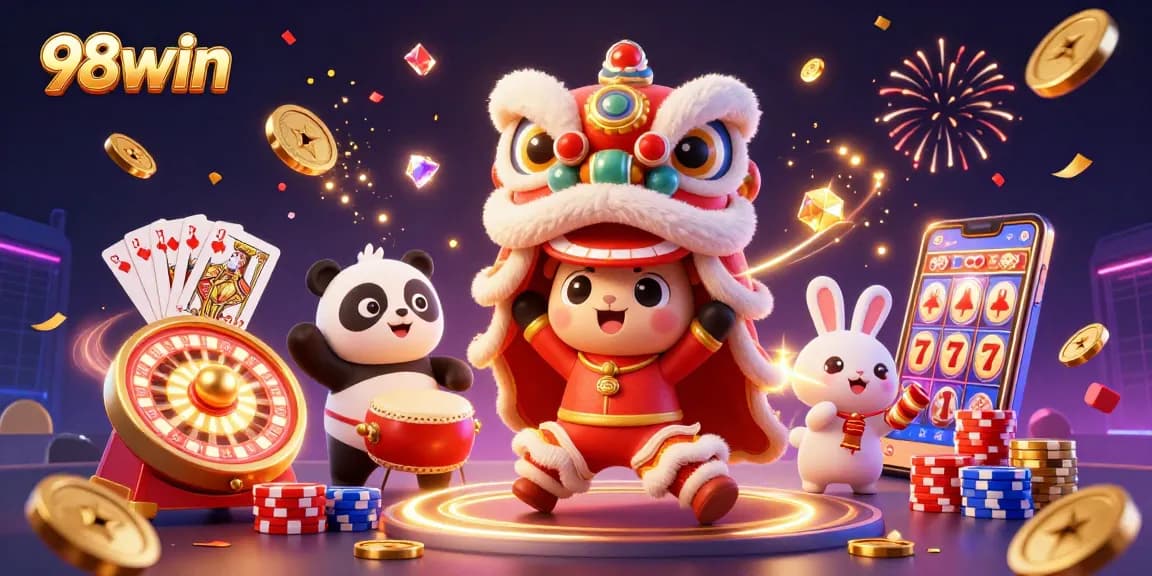Win big on 98win with dynamic casino games illuminated by cascading coins and vibrant visuals.