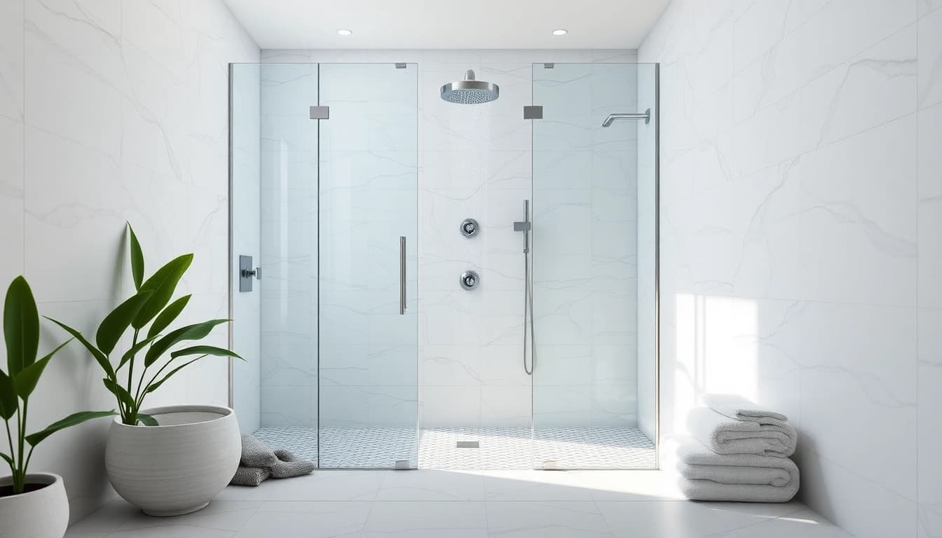 Experience elegant showers with modern fixtures and serene design elements in a luxurious bathroom.