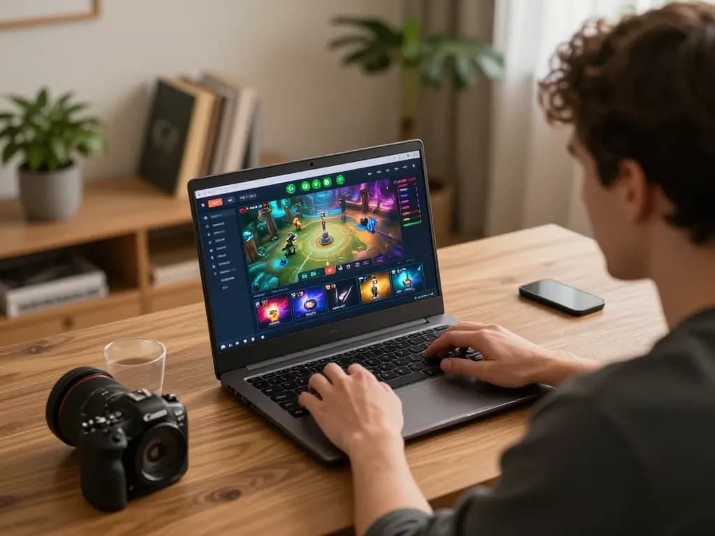 Engaging with the rikvip platform through a laptop, highlighting online casino gameplay in a cozy home.