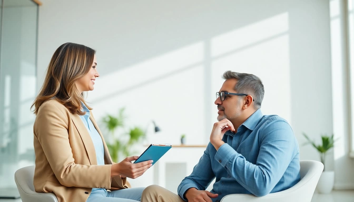 How to find my perfect career coach helping an individual in a modern office setting.