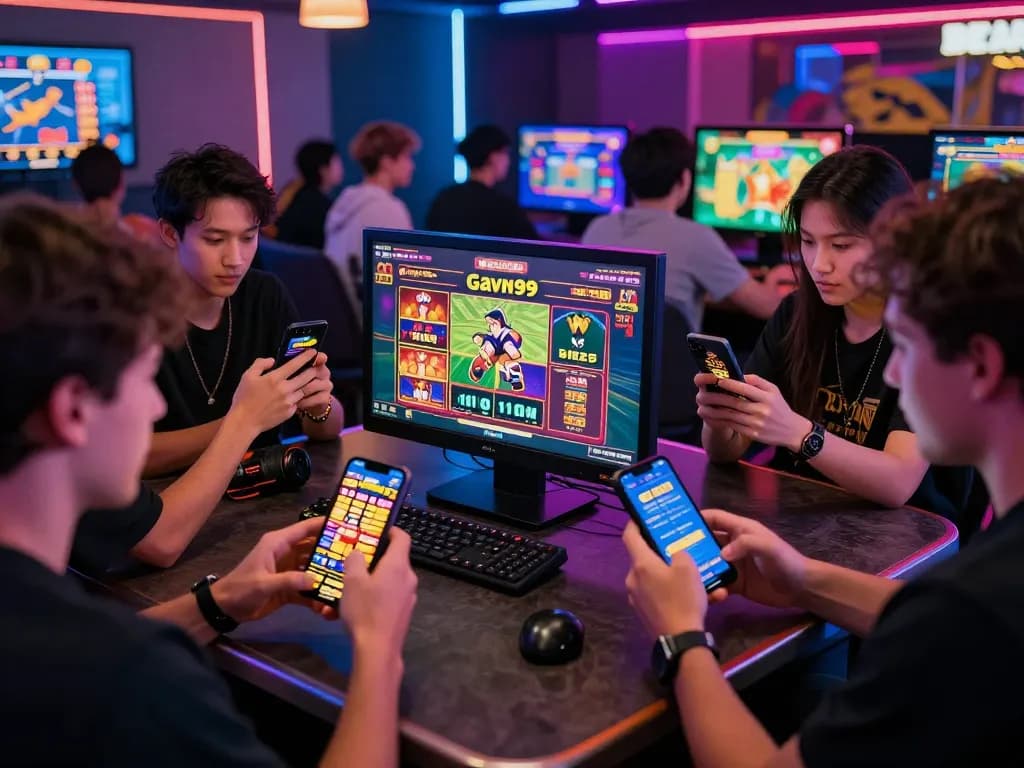 Gavn99 app users enjoying vibrant online gambling in an exciting urban lounge setting