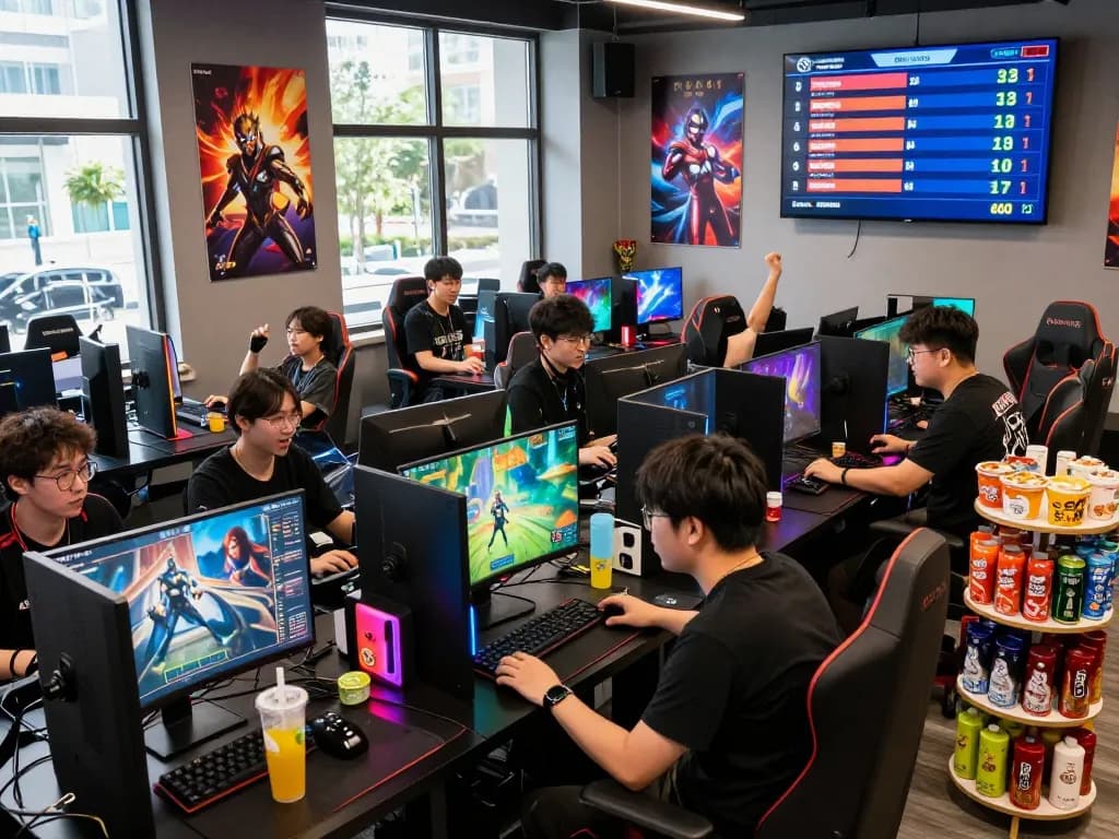 Hit club gaming scene with gamers competing and vibrant lounge atmosphere.