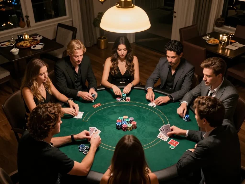 Players engage in strategic poker gameplay during a home game night, showcasing keo nha cai dynamics.