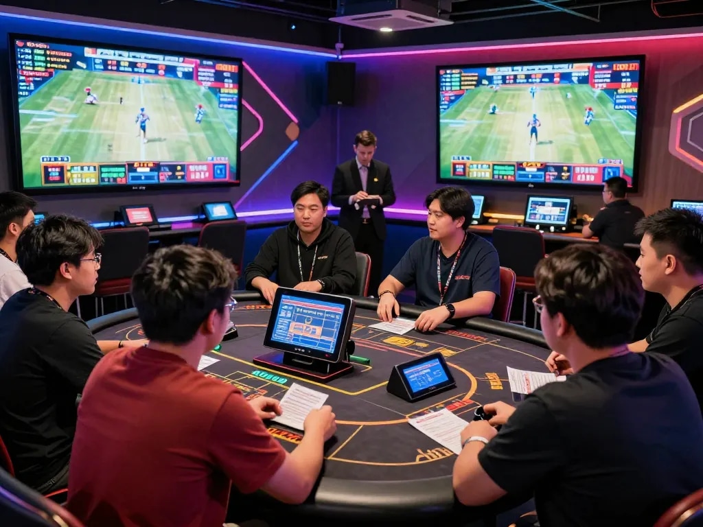 Exciting gaming lounge scene with players engaging in betting activities featuring Oke179 games.
