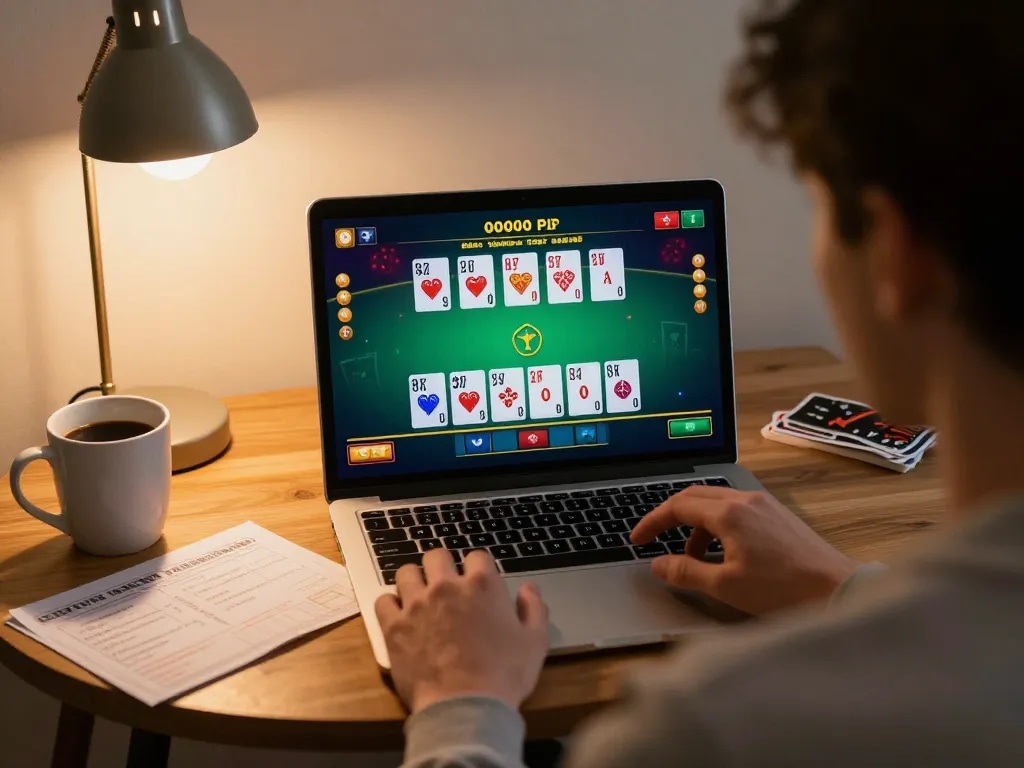 TG88 player strategizing in an online blackjack game at home, focused on winning