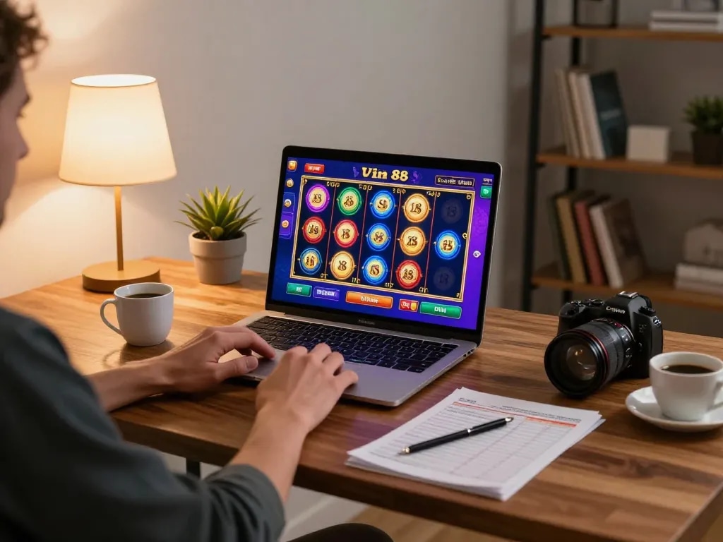 Engaging gameplay on Vin 88 online casino platform in a cozy home office, showcasing vibrant slot graphics.