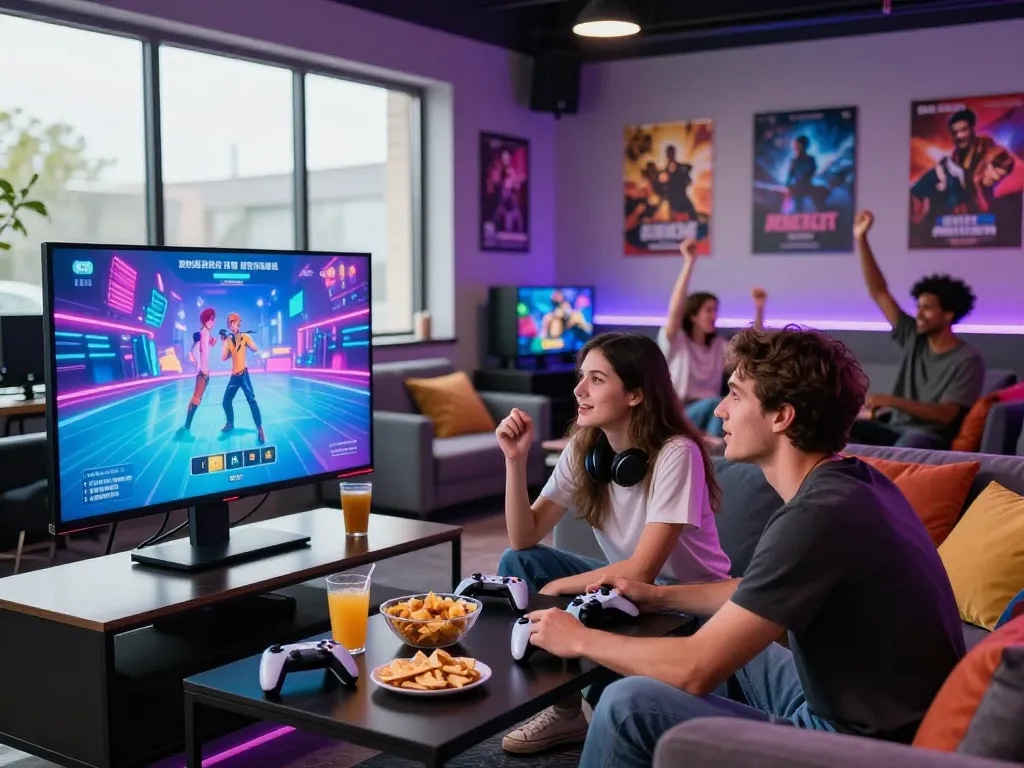 Engaged couple playing a thrilling porn game in a cozy digital lounge, vibrant atmosphere enhancing gaming experience.
