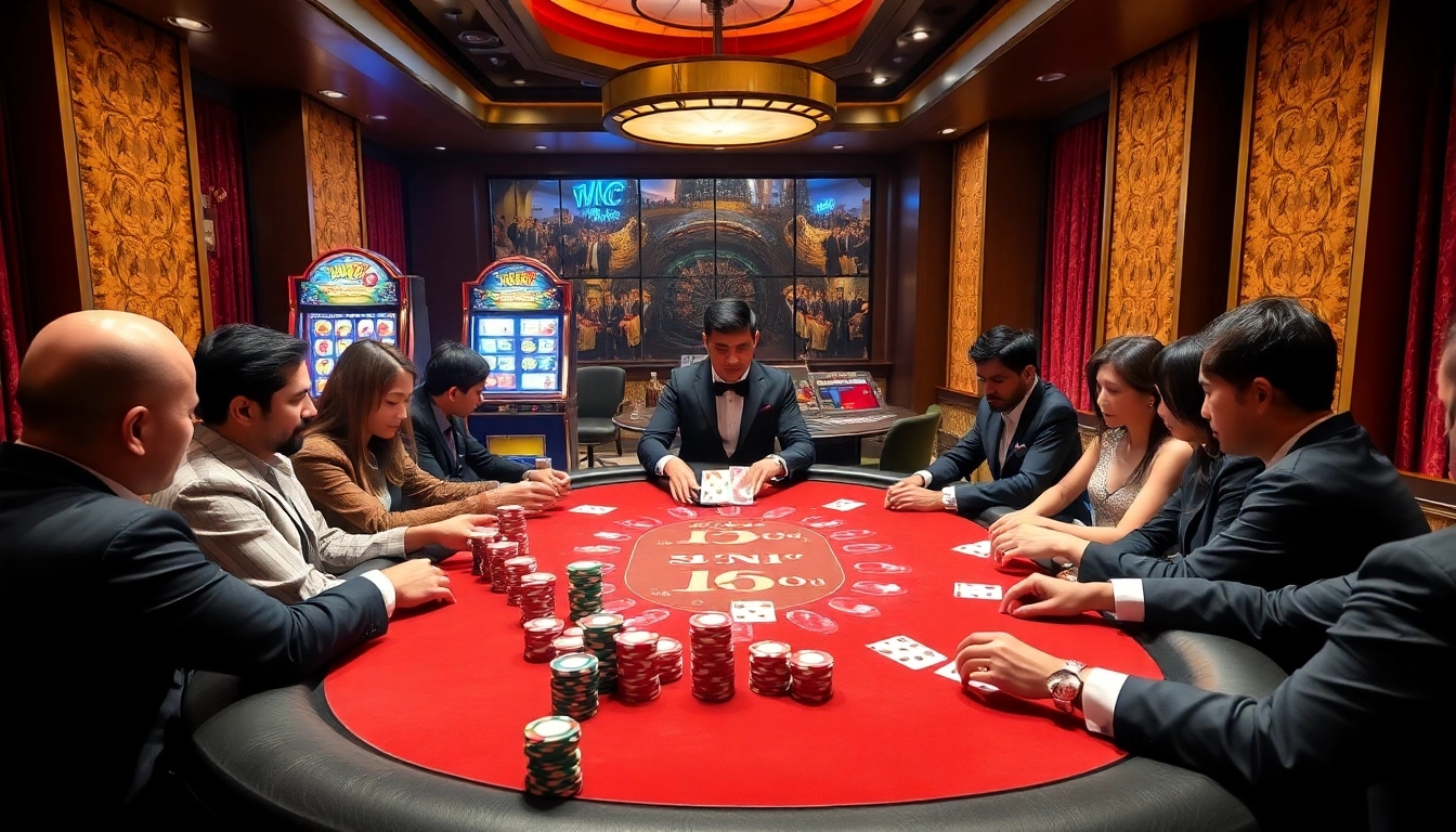 Alo789 enhances your gambling experience with a lively poker table scene featuring diverse players and colorful chips.