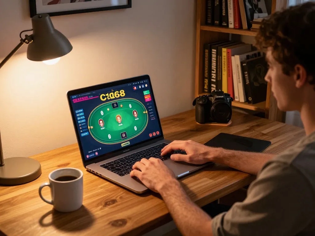 C168 player engaging in online poker on laptop with cozy home setup and ambient lighting