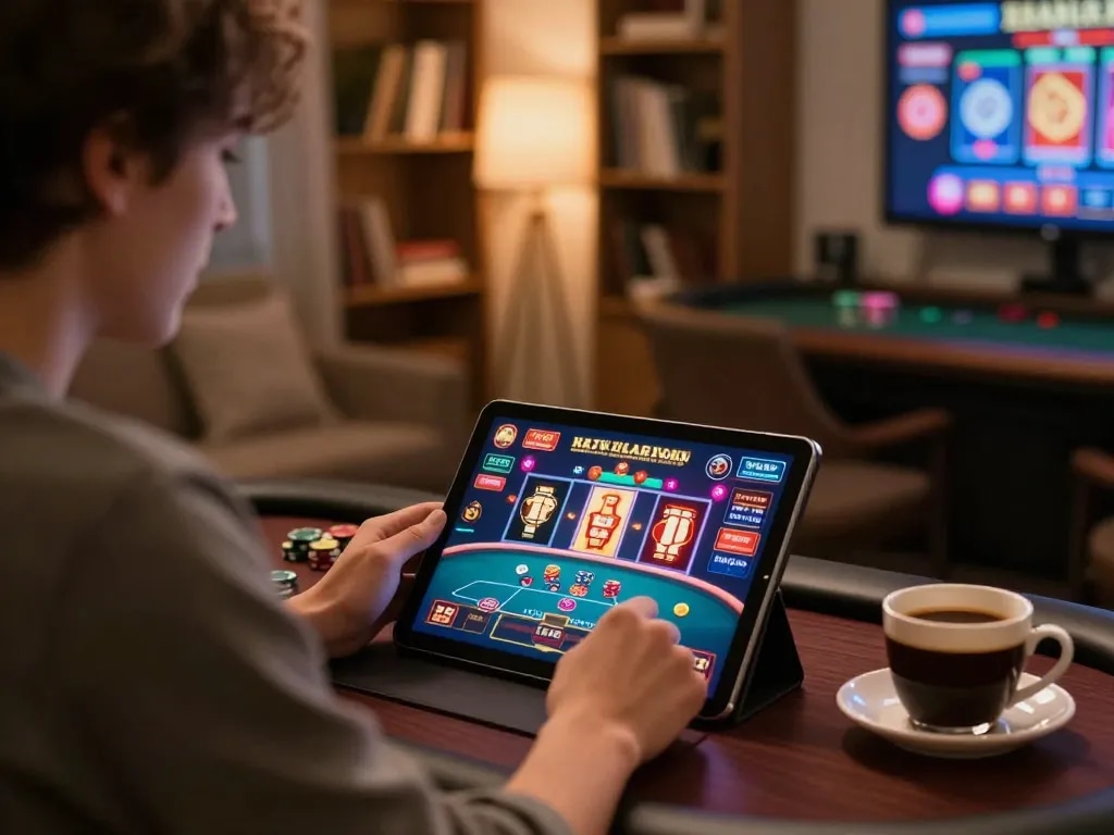 CM88 user engaging in online gambling strategy using a tablet, cozy home atmosphere.