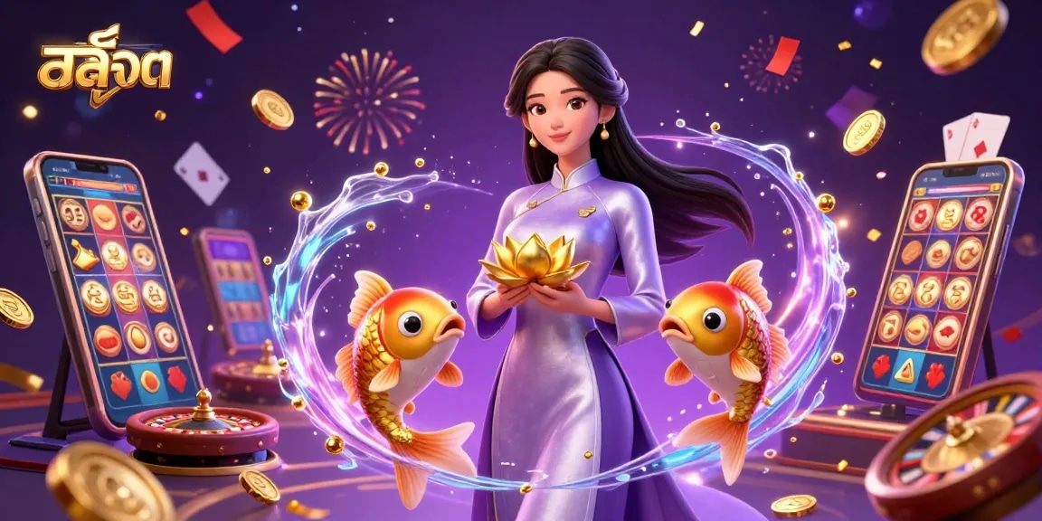 Experience thrilling สล็อต gameplay with an elegant woman and festive casino elements in an immersive 3D scene.