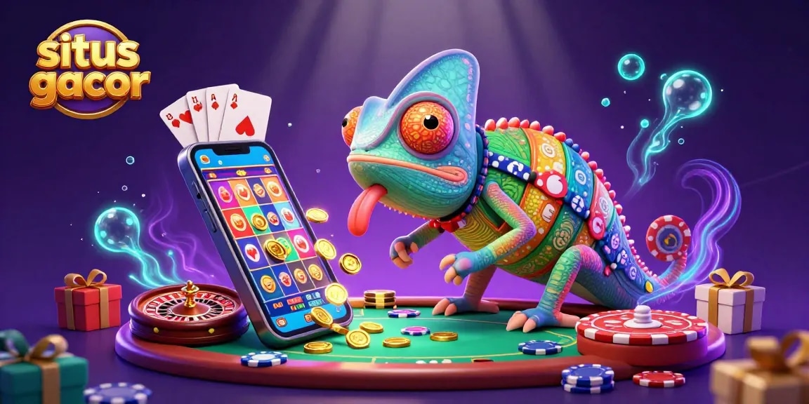Situs gacor showcases a vibrant 3D chameleon casino owner catching golden coins in a dynamic gambling scene.