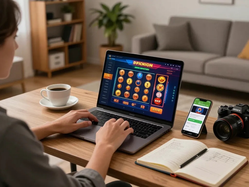 Player engaging with TR88 COM online gaming interface from a modern home setup with strategic notes.