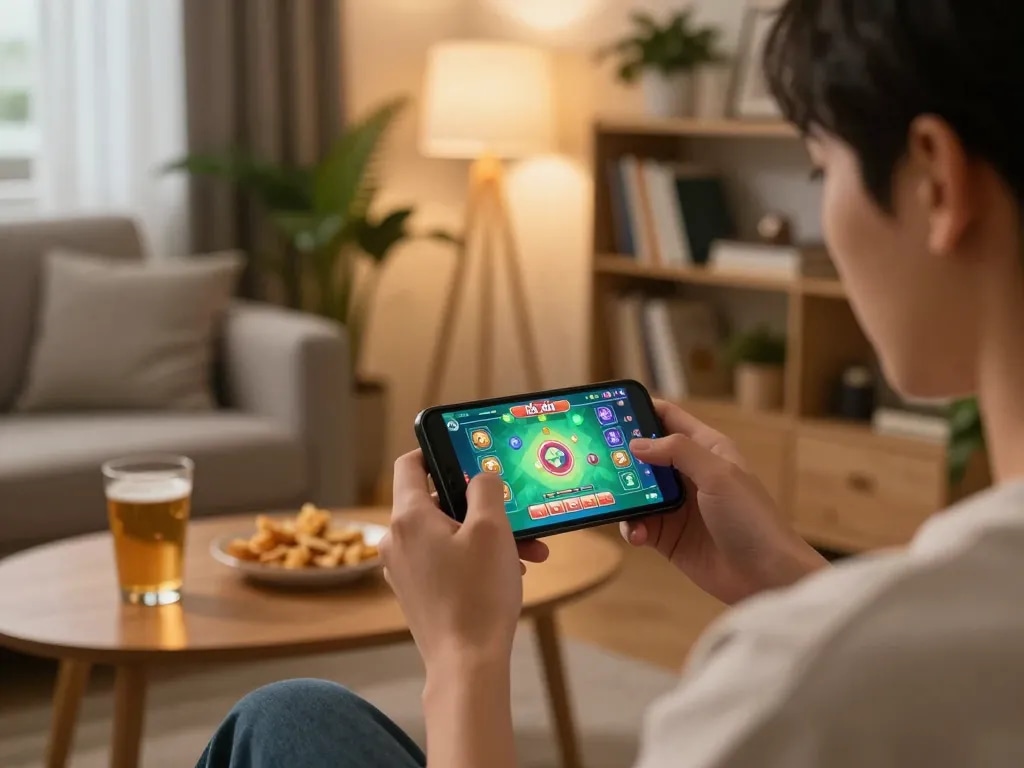 Engaging in app tài xỉu online gameplay on a smartphone in a cozy living room setup.