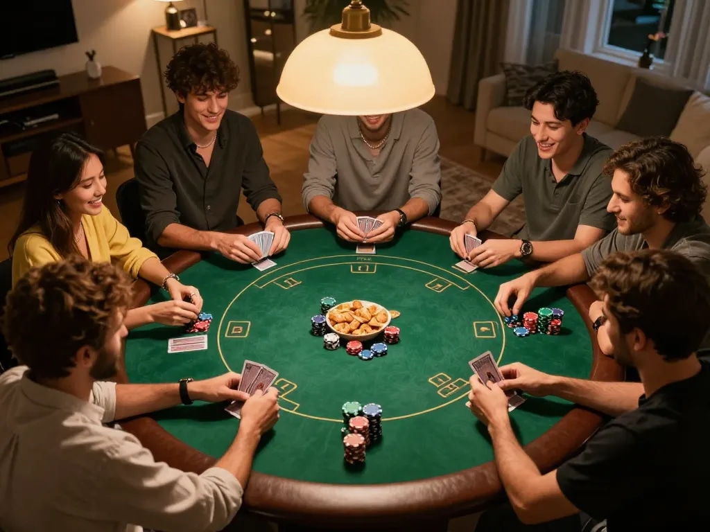 Players enjoying Texas Hold'em at home, showcasing engaging action at 789bet7a poker night